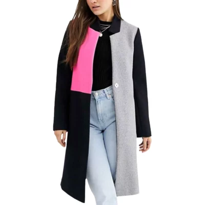 Emily in Paris Lily Collins Color Block Wool Coat