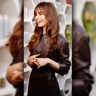Emily In Paris S03 Lily Collins Brown Leather Dress