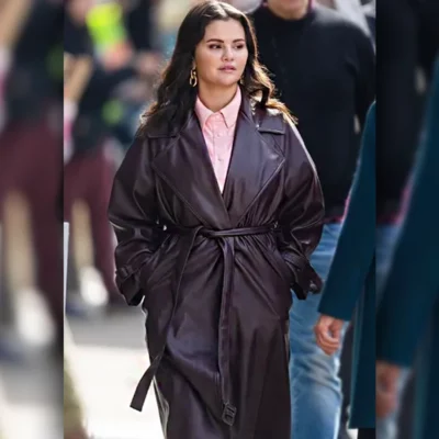 Mabel Mora Selena Gomez Burgundy Leather Trench Coat