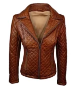Women Tan Brown Quilted Leather Jacket