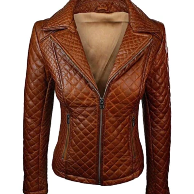 Women Tan Brown Quilted Leather Jacket