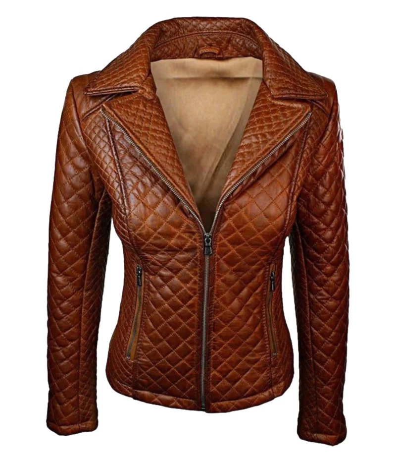 Women Tan Brown Quilted Leather Jacket